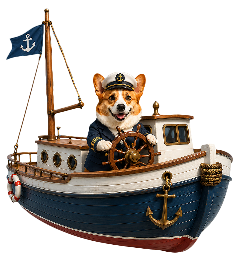 Corgi Capitán en su barco