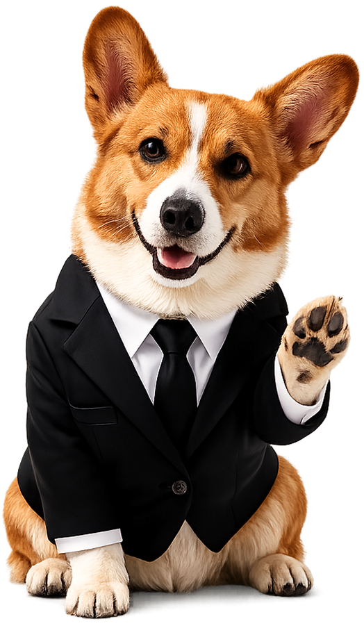 Corgi en traje formal saludando