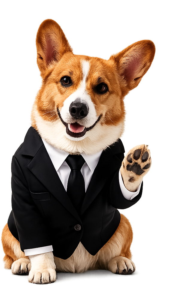 Corgi en traje formal saludando